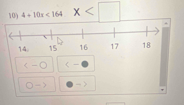 4+10x<164</tex>. x <-bigcirc a 
□  
overline  overline 