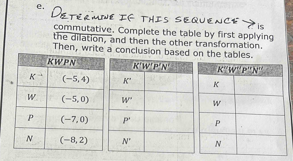 Cs
is
commutative. Complete the table by first applying
the dilation, and then the other transformation.
Then, write a conclusion based on the tables.