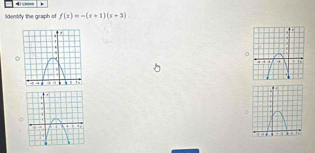 Listen 
Identify the graph of f(x)=-(x+1)(x+3).