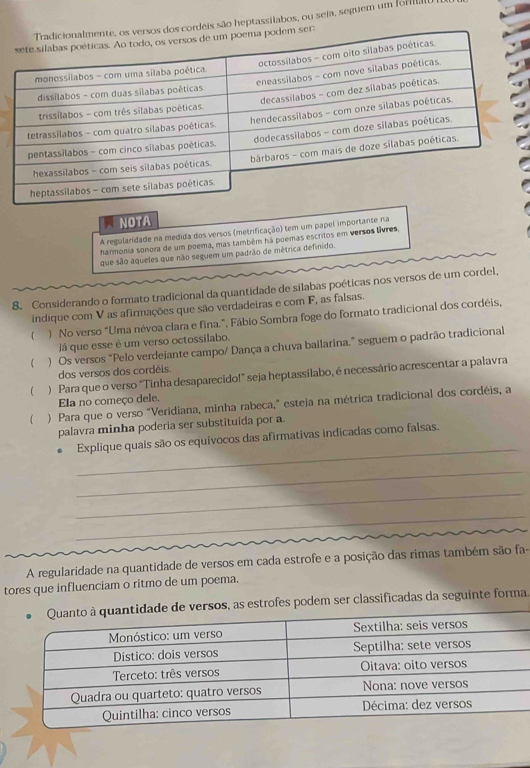 is são heptassilabos, ou seja, seguem um forifa 
NOTA 
A regularidade na medida dos versos (metrificação) tem um papel importante na 
harmonia sonora de um poema, mas também há poemas escritos em versos livres, 
que são aqueles que não seguem um padrão de métrica definido. 
8. Considerando o formato tradicional da quantidade de sílabas poéticas nos versos de um cordel, 
indique com V as afirmações que são verdadeiras e com F, as falsas. 
 ) No verso “Uma névoa clara e fina.”, Fábio Sombra foge do formato tradicional dos cordéis, 
já que esse é um verso octossílabo, 
 ) Os versos “Pelo verdejante campo/ Dança a chuva bailarina.” seguem o padrão tradicional 
dos versos dos cordéis. 
 ) Para que o verso “Tinha desaparecido!” seja heptassílabo, é necessário acrescentar a palavra 
Ela no começo dele. 
 ) Para que o verso “Veridiana, minha rabeca,” esteja na métrica tradicional dos cordéis, a 
palavra minha poderia ser substituída por a. 
_ 
Explique quais são os equívocos das afirmativas indicadas como falsas. 
_ 
_ 
_ 
A regularidade na quantidade de versos em cada estrofe e a posição das rimas também são fa- 
tores que influenciam o ritmo de um poema. 
de de versos, as estrofes podem ser classificadas da seguinte forma.