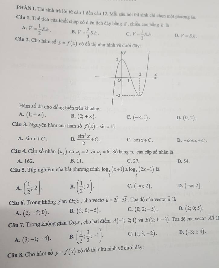 PHÀN I. Thí sinh trả lời từ câu 1 đến câu 12. Mỗi câu hỏi thí sinh chỉ chọn một phương ăn.
Câu 1. Thể tích của khối chóp có diện tích đáy bằng S , chiều cao bằng h là
A. V= 1/2 Sh. B. V= 2/3 Sh. C. V= 1/3 S.h. D. V=Sh.
Câu 2. Cho hàm số y=f(x) có đồ thị như hình vẽ dưới đây:
Hàm số đã cho đồng biến trên khoảng
A. (1;+∈fty ). B. (2;+∈fty ). C. (-∈fty ;1). D. (0;2).
Câu 3. Nguyên hàm của hàm số f(x)=sin xla
A. sin x+C. B.  sin^2x/2 +C. C. cos x+C. D. -cos x+C.
Câu 4. Cấp số nhân (u_n) có u_1=2 và u_2=6. Số hạng u_4 của cấp số nhân là
A. 162. B. 11. C. 27. D. 54.
Câu 5. Tập nghiệm của bất phương trình log _ 1/2 (x+1)≤ log _ 1/2 (2x-1) là
A. ( 1/2 ;2]. B. ( 1/2 ;2). C. (-∈fty ;2). D. (-∈fty ;2].
Câu 6. Trong không gian Oxyz , cho vecto vector u=2vector i-5vector k. Tọa độ của vectơ vector u là
A. (2;-5;0). B. (2;0;-5). C. (0;2;-5). D. (2;0;5).
Câu 7. Trong không gian Oxyz , cho hai điểm A(-1;2;1) và B(2;1;-3). Tọa độ của vectơ vector AB
A. (3;-1;-4). B. ( 1/2 ; 3/2 ;-1). C. (1;3;-2). D. (-3;1;4).
Câu 8. Cho hàm số y=f(x) có đồ thị như hình vẽ dưới đây: