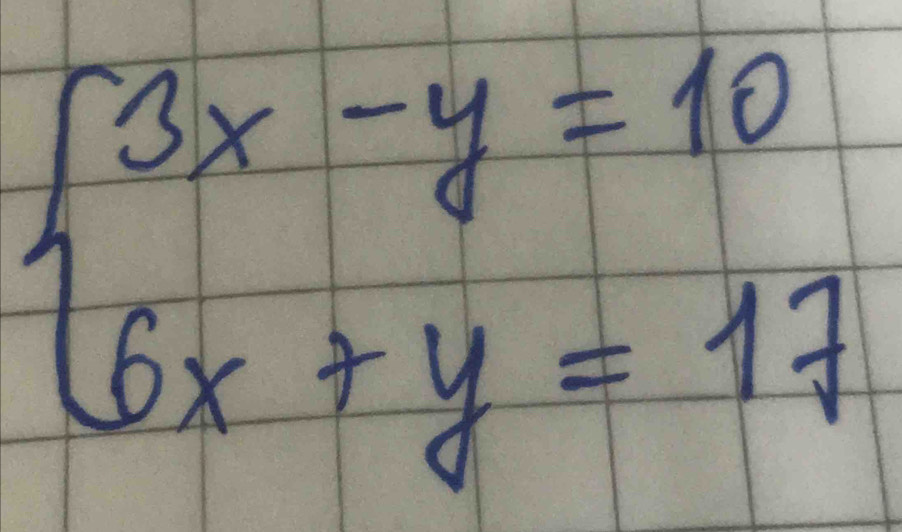 beginarrayl 3x-y=10 6x+y=17endarray.