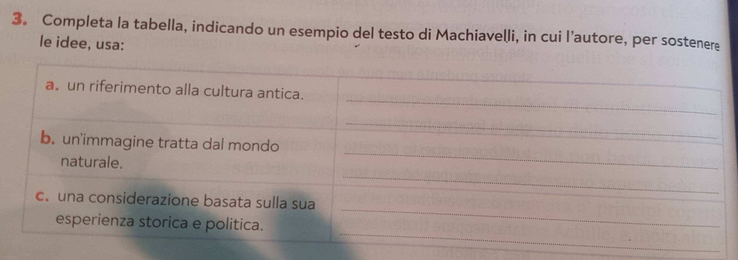 3。 Completa la tabella, indicando un esempio del testo di Machiavelli, in cui l’autore, per sostenere 
le idee, usa: