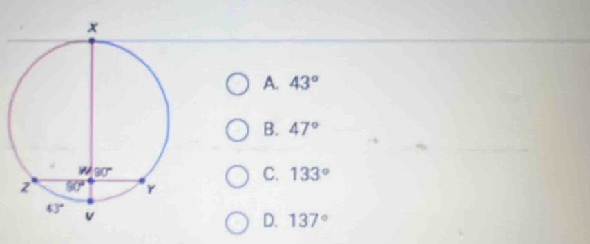 A. 43°
B. 47°
C. 133°
D. 137°