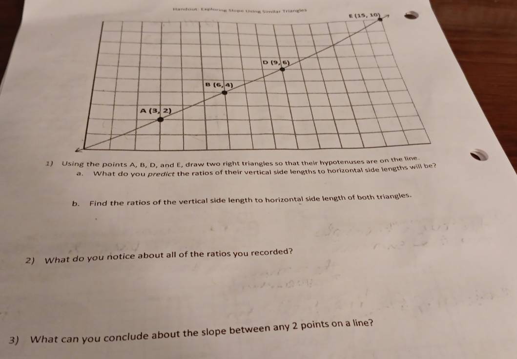 Handout Exploring Slope Using Similar Triangles
1) Using the points A, B, D, and E, draw two right triangles so that their hypotenuses are on the line.
a. What do you predict the ratios of their vertical side lengths to horizontal side lengths will be?
b. Find the ratios of the vertical side length to horizontal side length of both triangles.
2) What do you notice about all of the ratios you recorded?
3) What can you conclude about the slope between any 2 points on a line?