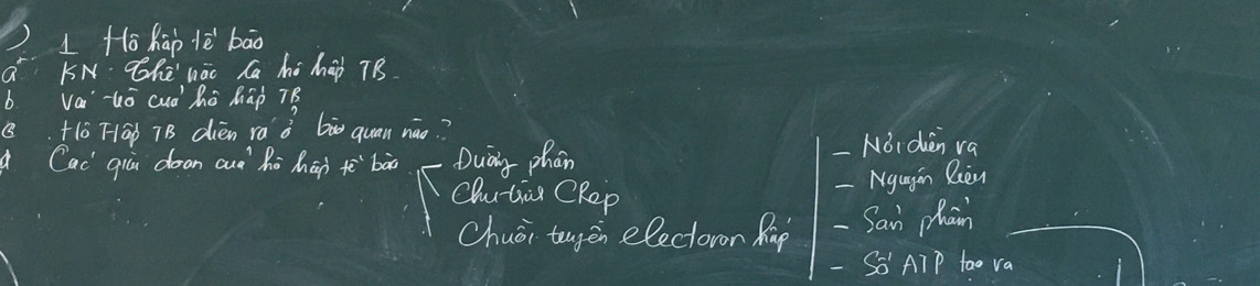 lHo hàp lè bāo
a KN The nác Ca ho hap 7B.
b. vai-uō cuà hò hāp TB
8 +10 1āb 7B dién ra òbǔ quan náo?
Cac giù doon auà hò háp +e^t bào Duary phan Nóidiàn va
- Ngugin Rièn
Clutiar CRep
Chuoi tugen electoron Ràp - San phan
- So' ATP tao va