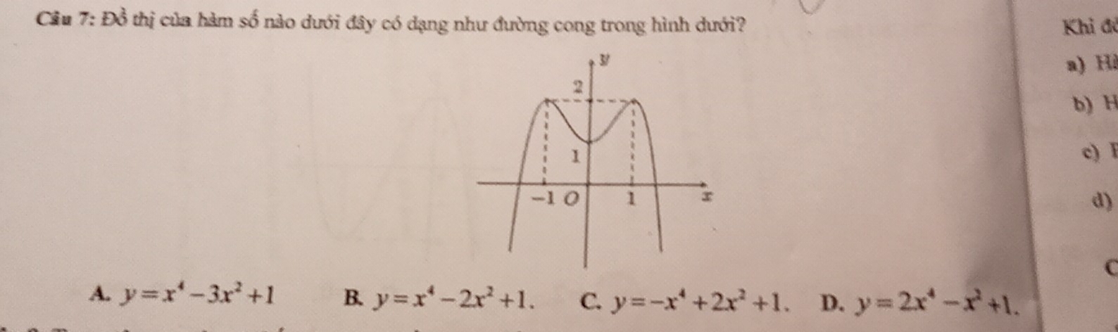 Cầu 7: Đồ thị của hàm số nào dưới đây có dạng như đường cong trong hình dưới? Khi đỏ
a) Hì
b) H
c) F
d)
C
A. y=x^4-3x^2+1 B. y=x^4-2x^2+1. C. y=-x^4+2x^2+1. D. y=2x^4-x^2+1.