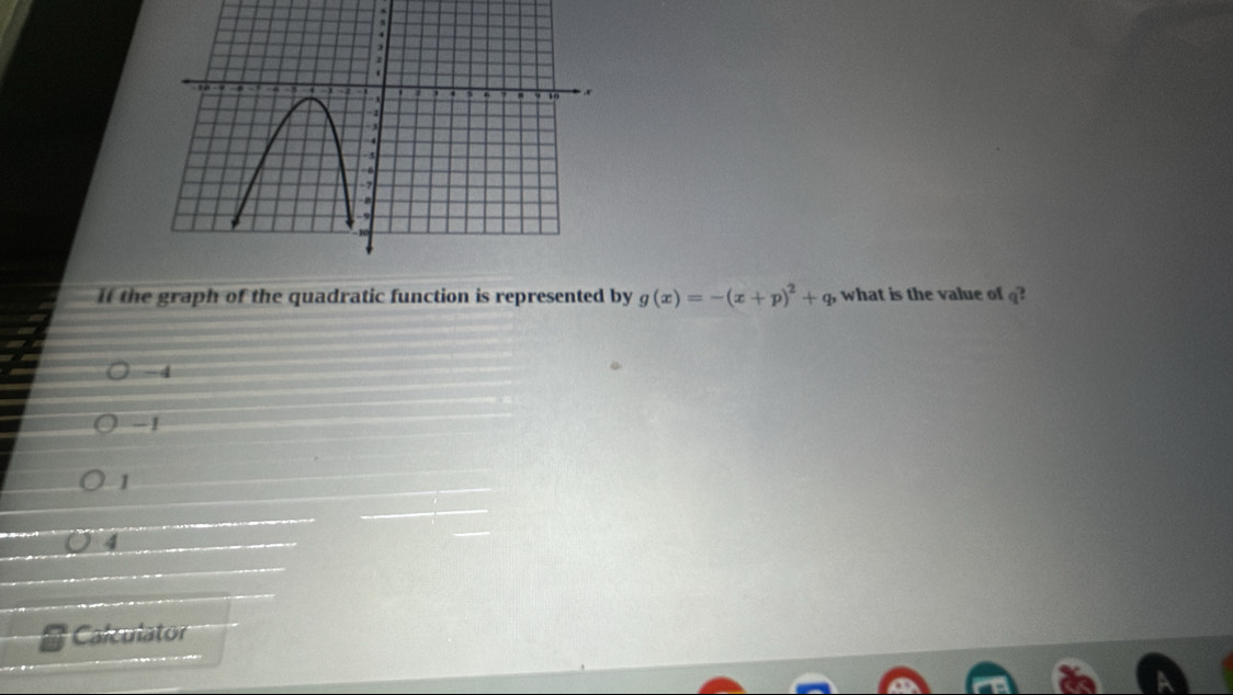 It the graph of the quadratic function is represented by g(x)=-(x+p)^2+q , what is the value of . q
-4
-1
1
4
Calculator