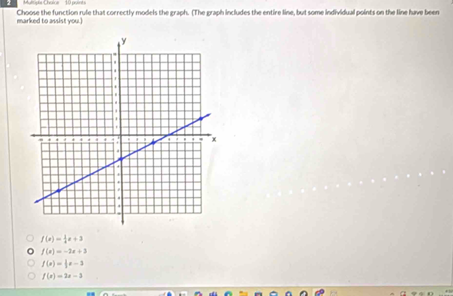 Multipis Chaice 10 paints
Choose the function rule that correctly models the graph. (The graph includes the entire line, but some individual points on the line have been
marked to assist you.)
f(x)= 1/4 x+3
f(x)=-2x+3
f(x)= 1/2 x-3
f(x)=2x-3