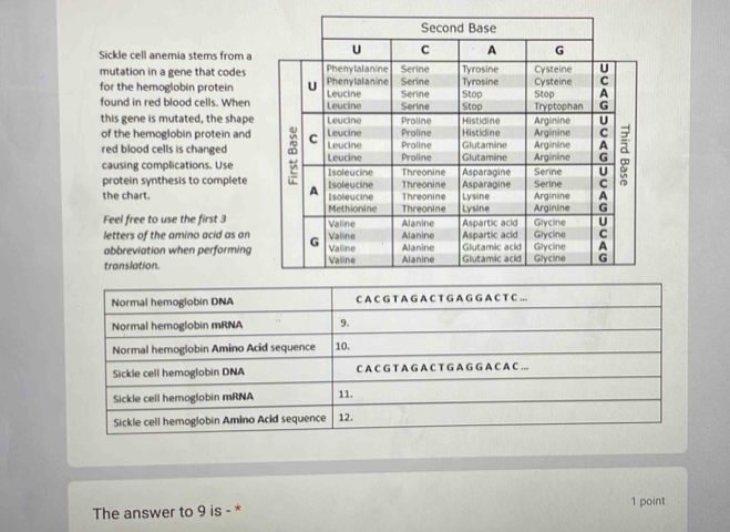 Sickle cell anemia stems from a 
mutation in a gene that codes 
for the hemoglobin protein 
found in red blood cells. When 
this gene is mutated, the shape 
of the hemoglobin protein and 
red blood cells is changed 
causing complications. Use 
protein synthesis to complete 
the chart. 
Feel free to use the first 3
letters of the amino acid as an 
abbreviation when performing 
translation. 
The answer to 9 is - * 1 point