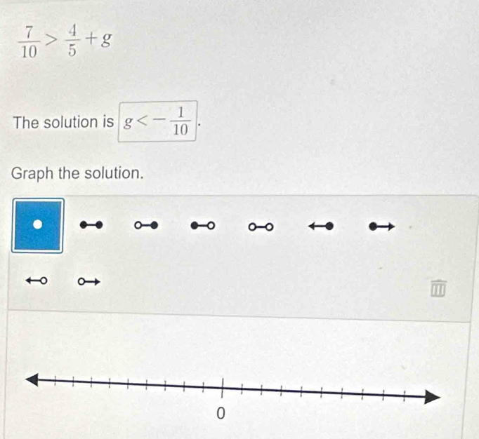  7/10 > 4/5 +g
The solution is g<- 1/10 |. 
Graph the solution. 
. 
。 
。