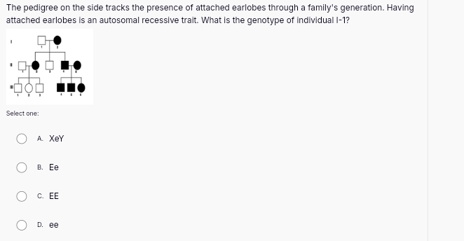 The pedigree on the side tracks the presence of attached earlobes through a family's generation. Having
attached earlobes is an autosomal recessive trait. What is the genotype of individual I -1?
Select one:
A. XeY
B. Ee
C. EE
D. ee