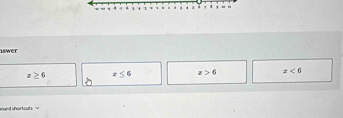 nswer
x≥ 6
x≤ 6
x>6
x<6</tex> 
oard shortcuts