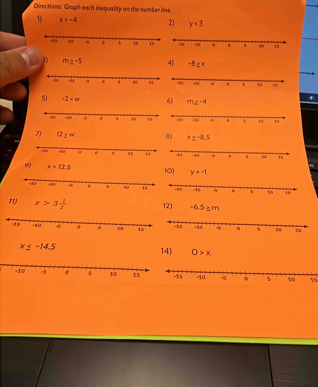 Directions: Graph each inequality on the number line. 
1) x>-4 2) y<3</tex> 
3) m≥ -5
4) -8≥ x
5) -2 m≥ -4
6) 
7) 12≤ w
8) x≤ -8.5
9) x>12.5 10) y
11) x>3 1/2  12) -6.5≥ m
x≤ -14.5
14) O>x
15