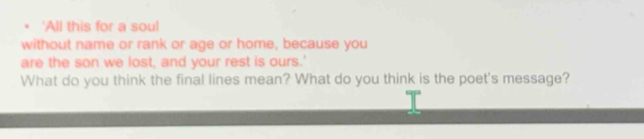• 'All this for a soul 
without name or rank or age or home, because you 
are the son we lost, and your rest is ours.' 
What do you think the final lines mean? What do you think is the poet's message?