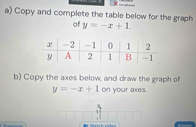 okwork co de: ID not allowed siculator
a) Copy and complete the table below for the graph
of y=-x+1. 
b) Copy the axes below, and draw the graph of
y=-x+1 on your axes.
Y
5
Previous Watch video Answer