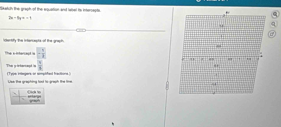 Sketch the graph of the equation and label its intercepts. 
Q
2x-5y=-1
Q 
B 
ldentify the intercepts of the graph. 
The x-intercept is - 1/2 
The y-intercept is  1/5 
(Type integers or simplified fractions.) 
Use the graphing tool to graph the line. 
Click to 
enlarge 
graph