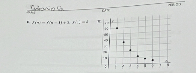 NAME 
DATE PERIOD 
11. f(n)=f(n-1)+3; f(1)=5