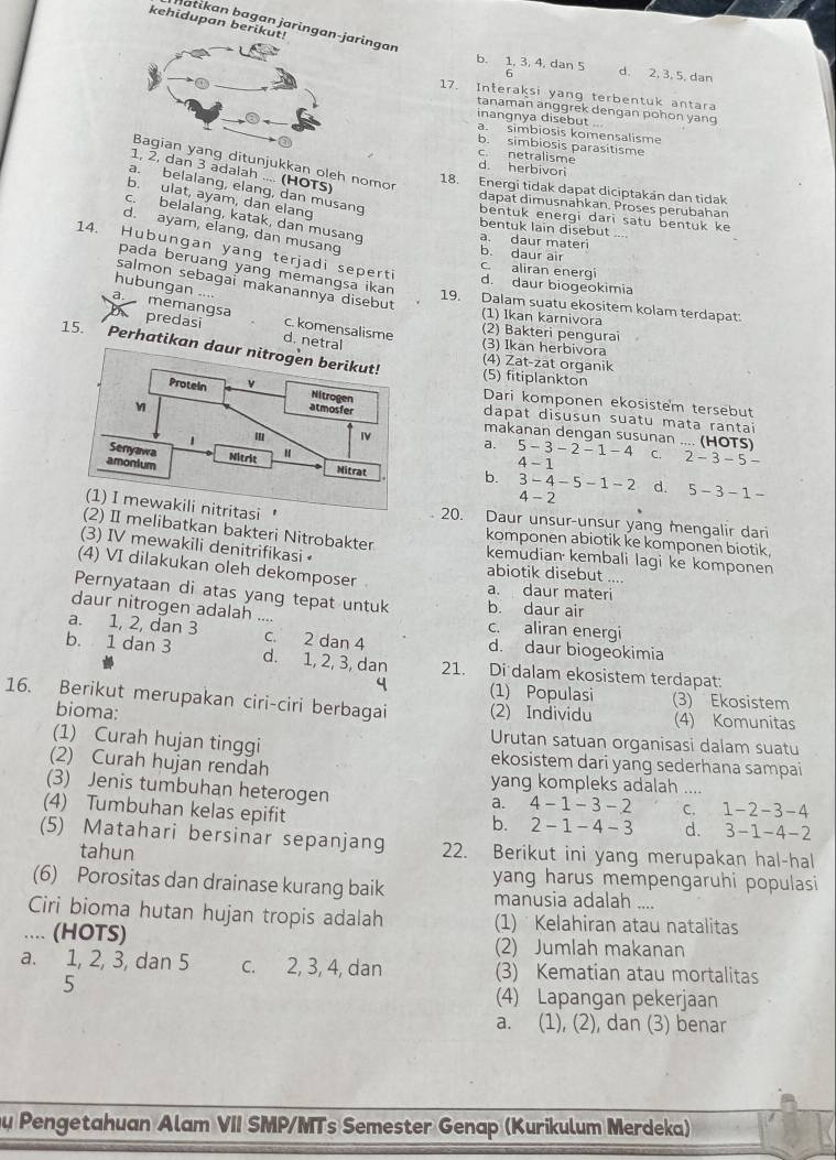 kehidupan beriku
hatikan bagan jaringagar
b. 1, 3, 4, dan 5 d. 2, 3, 5, dan
17. Interaksi yang terbentuk antara
tanaman anggrek dengan pohon yang
inangnya disebut ...
a. simbiosis komensalisme
b. simbiosis parasitisme
c. netralisme
g ditunjukkan oleh nomo
d. herbivori
1, 2, dan 3 adalah .... (HOTS)
a. belalang, elang, dan musang
18. Enerqi tidak dapat diciptakán dan tidak
b. ulat, ayam, dan elang
dapat dimusnahkan, Proses perubahan
c. belalang, katak, dan musang
bentuk energi dari satu bentuk ke
bentuk lain disebut ....
d. ayam, elang, dan musang
a. daur materi
14. Hubungan yang terjadi seperti
b. daur air
pada beruang yang memangsa ikan
c. aliran energi
d. daur biogeokimia
salmon sebagai makanannya disebut
hubungan ....
19. Dalam suatu ekositem kolam terdapat:
a mémangsa c. komensalisme
(1) Ikan karnivora (2) Bakteri pengurai
predasi d. netr
(3) Ikan herbivora
15. Perhatikan
(4) Zat-zat organik
(5) fitiplankton
Dari komponen ekosistem tersebut
dapat disusun suatu mata rantai
makanan dengan susunan .... (HOTS)
a. 5-3-2-1-4 C. 2-3-5
4-1
b. 3-4-5-1-2 d. 5-3-1-
4-2
20. Daur unsur-unsur yang mengalir dari
melibatkan bakteri Nitrobakter komponen abiotik ke komponen biotik
(3) IV mewakili denitrifikasi 
kemudian kembali lagi ke komponen
(4) VI dilakukan oleh dekomposer 
abiotik disebut ....
a. daur materi
Pernyataan di atas yang tepat untuk b. daur air
daur nitrogen adalah .... c. aliran energi
a. 1, 2, dan 3 c. 2 dan 4 d. daur biogeokimia
b. 1 dan 3 d. 1, 2, 3, dan 21. Di dalam ekosistem terdapat:
q (1) Populasi (3) Ekosistem
16. Berikut merupakan ciri-ciri berbagai (2) Individu (4) Komunitas
bioma:
Urutan satuan organisasi dalam suatu
(1) Curah hujan tinggi ekosistem dari yang sederhana sampai
(2) Curah hujan rendah yang kompleks adalah ....
(3) Jenis tumbuhan heterogen
a. 4-1-3-2 C. 1-2-3-4
(4) Tumbuhan kelas epifit
b. 2-1-4-3 d. 3-1-4-2

(5) Matahari bersinar sepanjang 22. Berikut ini yang merupakan hal-hal
tahun
(6) Porositas dan drainase kurang baik yang harus mempengaruhi populasi
manusia adalah ....
Ciri bioma hutan hujan tropis adalah (1) Kelahiran atau natalitas
.... (HOTS) (2) Jumlah makanan
a. 1, 2, 3, dan 5 c. 2, 3, 4, dan (3) Kematian atau mortalitas
5
(4) Lapangan pekerjaan
a. (1), (2), dan (3) benar
u Pengetahuan Alam VII SMP/MTs Semester Genap (Kurikulum Merdeka)