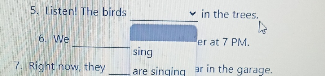 Listen! The birds in the trees. 
_ 
_ 
6. We _er at 7 PM. 
sing 
7. Right now, they _are singing ar in the garage.