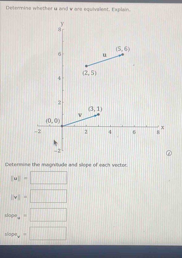 Determine whether u and v are equivalent. Explain.
Determine the magnitude and slope of each vector.
||u||=□
||v||=□
slope_u=□
slope_v=□