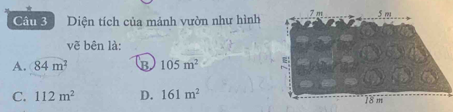 Diện tích của mảnh vườn như hình 
vẽ bên là:
A. 84m^2 B 105m^2
C. 112m^2 D. 161m^2