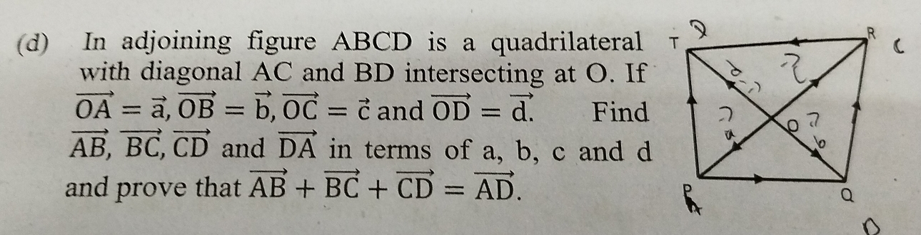 In adjoining figure ABCD is a quadrilateral τ
( 
with diagonal AC and BD intersecting at O. If
vector OA=vector a, vector OB=vector b, vector OC=vector c and vector OD=vector d. Find
vector AB, vector BC, vector CD and vector DA in terms of a, b, c and d
and prove that vector AB+vector BC+vector CD=vector AD.