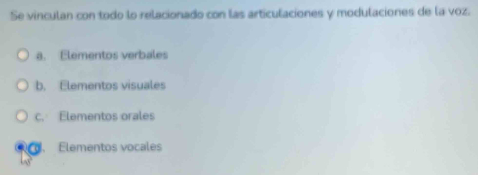 Se vinculan con todo lo relacionado con las articulaciones y modulaciones de la voz.
a. Elementos verbales
b. Elementos visuales
c. Elementos orales
Elementos vocales