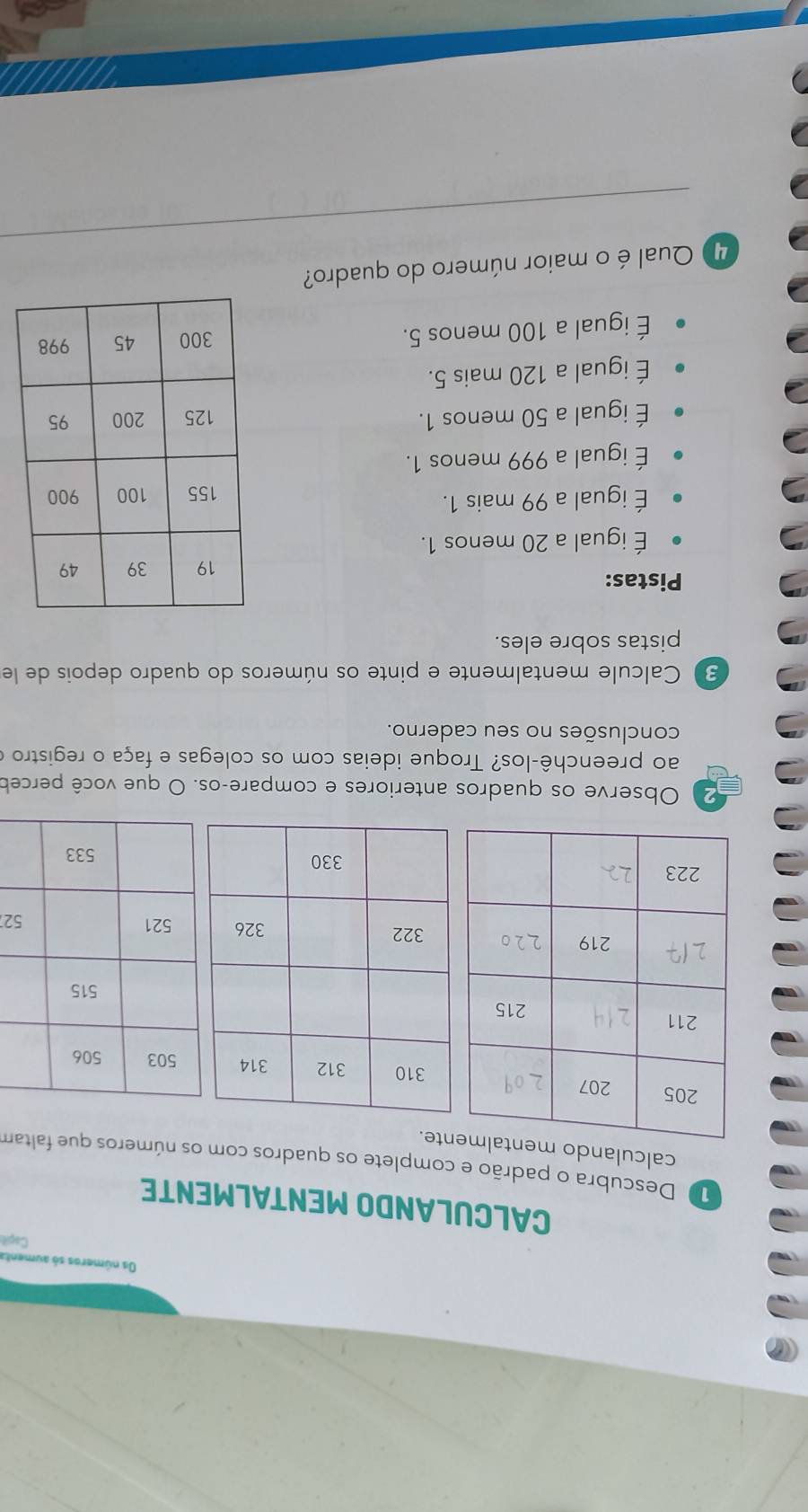 Os números só aumentz
Capit
CALCULANDO MENTALMENTE
1 Descubra o padrão e complete os quadros com os números que faltam
calculando mentante.
21
A Observe os quadros anteriores e compare-os. O que você perceb
ao preenchê-los? Troque ideias com os colegas e faça o registro o
conclusões no seu caderno.
3 Calcule mentalmente e pinte os números do quadro depois de le
pistas sobre eles.
Pistas:
É igual a 20 menos 1.
É igual a 99 mais 1. 
É igual a 999 menos 1.
É igual a 50 menos 1. 
É igual a 120 mais 5.
É igual a 100 menos 5.
_
Qual é o maior número do quadro?
_