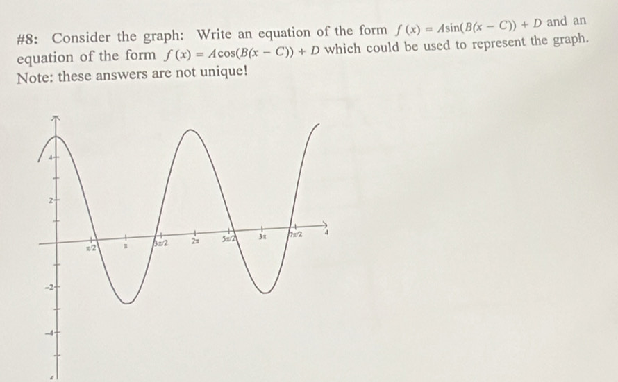 #8: Consider the graph: Write an equation of the form f(x)=Asin (B(x-C))+D and an
equation of the form f(x)=Acos (B(x-C))+D which could be used to represent the graph.
Note: these answers are not unique!