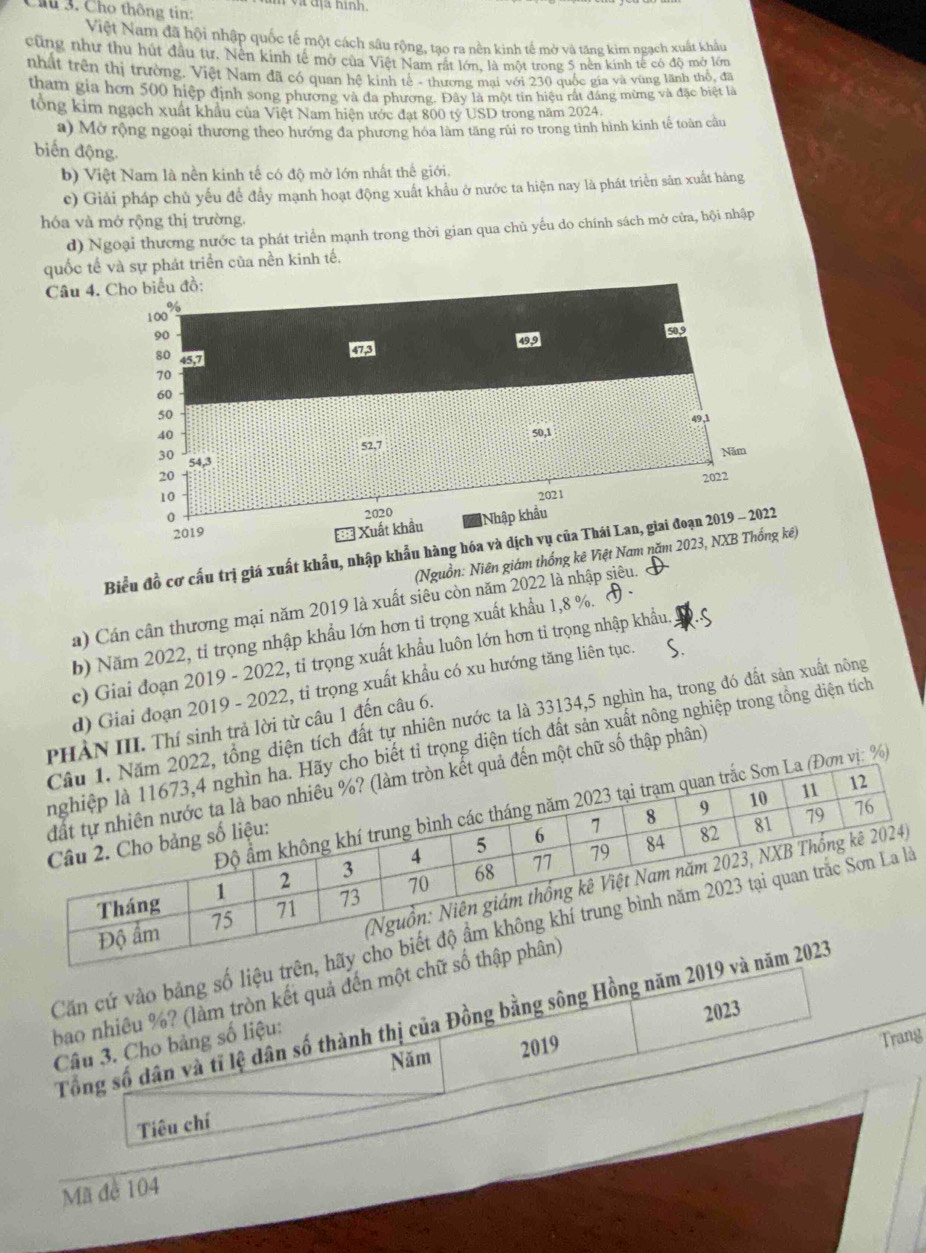 Chu 3. Cho thông tin:
v a d  ịa hinh .
Việt Nam đã hội nhập quốc tế một cách sâu rộng, tạo ra nền kinh tế mở và tăng kim ngạch xuất khẩu
cũng như thu hút đầu từ. Nền kinh tế mở của Việt Nam rất lớn, là một trong 5 nền kính tế có độ mở lớm
nhật trên thị trường, Việt Nam đã có quan hệ kinh tế - thương mại với 230 quốc gia và vùng lãnh thổ, đã
tham gia hơn 500 hiệp định song phương và đa phương. Đây là một tin hiệu rất đáng mừng và đặc biệt là
tổng kim ngạch xuất khẩu của Việt Nam hiện ước đạt 800 tỷ USD trong năm 2024.
a) Mở rộng ngoại thương theo hướng đa phương hóa làm tăng rùi ro trong tỉnh hình kinh tế toàn cầu
biến động.
b) Việt Nam là nền kinh tế có độ mở lớn nhất thế giới.
c) Giải pháp chủ yếu đề đầy mạnh hoạt động xuất khẩu ở nước ta hiện nay là phát triển săn xuất hàng
hóa và mở rộng thị trường.
d) Ngoại thương nước ta phát triển mạnh trong thời gian qua chủ yếu do chính sách mở cửa, hội nhập
quốc tế và sự phát triển của nền kinh tế.
Câu 4. Cho biểu đồ:
100%
90
80 45,7
473 49,9 509
70
60
50
52,7 49,1
40 50,1
Năm
30 54,3
20 2022
10 2021
0
2020
2019 = Xuất khẩu Nhập khẩu
Biểu đồ cơ cấu trị giá xuất khẩu, nhập khẩu hàng hóa và dịch vụ của Thái Lan, giai đoạn 2019 - 2022
(Nguồn: Niên giám thống kê Việt Nam năm 2023, NXB Thống kê)
a) Cán cần thương mại năm 2019 là xuất siêu còn năm 2022 là nhập siêu.
b) Năm 2022, tỉ trọng nhập khẩu lớn hơn tỉ trọng xuất khẩu 1,8 %.  
c) Giai đoạn 2019 - 2022, tỉ trọng xuất khẩu luôn lớn hơn tỉ trọng nhập khẩu. RS
d) Giai đoạn 2019 - 2022, tỉ trọng xuất khẩu có xu hướng tăng liên tục. S.
tổng diện tích đất tự nhiên nước ta là 33134,5 nghìn ha, trong đó đất sản xuất nông
PHẢN III. Thí sinh trả lời từ câu 1 đến câu 6.
iết tỉ trọng diện tích đất sản xuất nông nghiệp trong tổng diện tích
một chữ số thập phân)
vị: %)
Căn cứ vào bảng số liệu
bao nhiều %? (làm tròn kết quả đến một
2023
Tổng số dân và tỉ lệ dân số thành thị của Đồng bằng sông Hồng năm 2
Câu 3. Cho bảng số liệu:
Năm 2019
Trang
Tiêu chí
Mã đe 104