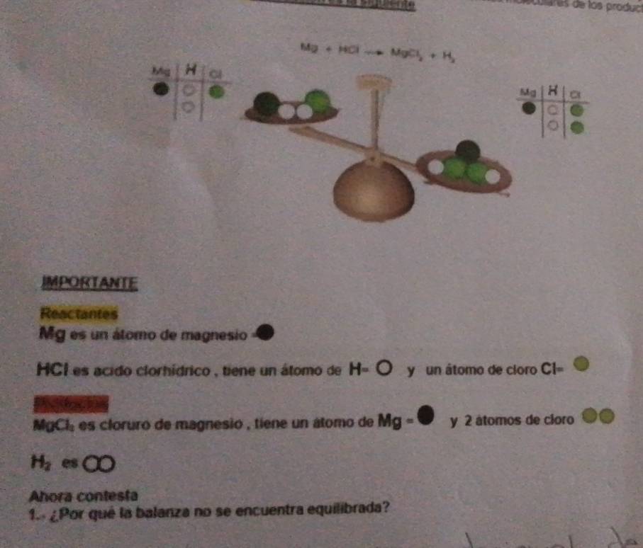 dlares de los product
MgCl_2+H
IMPORTANTE 
Reactantes
Mg es un átomo de magnesio 
HCI es acido clorhídrico , tiene un átomo de H=O y un átomo de cloro CI=
)
MgCl_2 es cloruro de magnesio , tiene un átomo de y 2 átomos de cloro
H_2 es CO 
Ahora contesta 
1. ¿Por qué la balanza no se encuentra equilibrada?