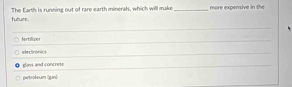 The Earth is running out of rare earth minerals, which will make _more expensive in the 
future. 
_ 
fertilizer 
_ 
electronics 
_ 
glass and concrete 
_ 
petroleum (gas)