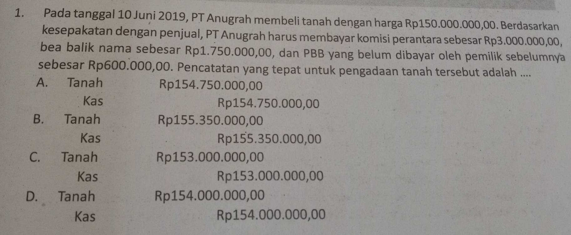 Pada tanggal 10 Juņi 2019, PT Anugrah membeli tanah dengan harga Rp150.000.000,00. Berdasarkan
kesepakatan dengan penjual, PT Anugrah harus membayar komisi perantara sebesar Rp3.000.000,00,
bea balik nama sebesar Rp1.750.000,00, dan PBB yang belum dibayar oleh pemilik sebelumnya
sebesar Rp600.000,00. Pencatatan yang tepat untuk pengadaan tanah tersebut adalah ....
A. Tanah Rp154.750.000,00
Kas Rp154.750.000,00
B. Tanah Rp155.350.000,00
Kas Rp155.350.000,00
C. Tanah Rp153.000.000,00
Kas Rp153.000.000,00
D. Tanah Rp154.000.000,00
Kas Rp154.000.000,00