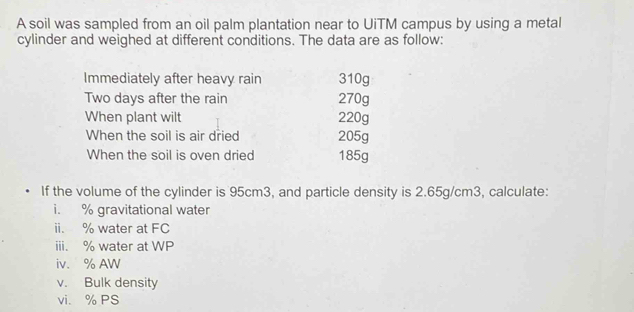 A soil was sampled from an oil palm plantation near to UiTM campus by using a metal 
cylinder and weighed at different conditions. The data are as follow: 
Immediately after heavy rain 310g
Two days after the rain 270g
When plant wilt 220g
When the soil is air dried 205g
When the soil is oven dried 185g
If the volume of the cylinder is 95cm3, and particle density is 2.65g/cm3, calculate: 
i. % gravitational water 
ii. % water at FC 
iii. % water at WP
iv. % AW 
v. Bulk density 
vi. % PS