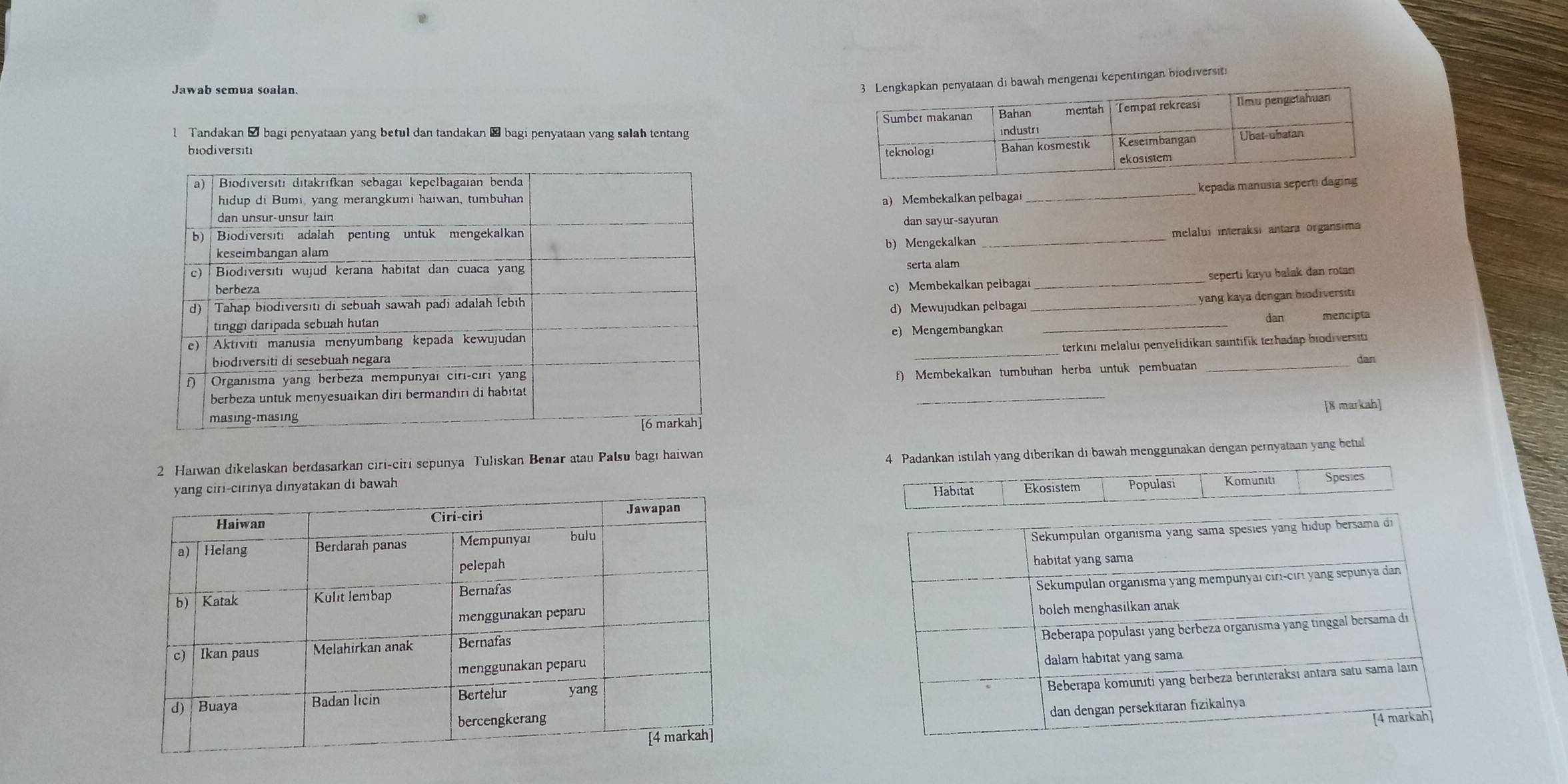 Jawab semua soalan.
i bawah mengenai kepentingan biodiversit
1 Tandakan 9 bagi penyataan yang betul dan tandakan → bagi penyataan yang salah tentang
biodiversiti
a) Membekalkan pelbagai _kepada man
dan sayur-sayuran
b)Mengekalkan _melalui interaksi antara organsima
serta alam
c) Mcmbekalkan pełbagai_ _seperti kayu balak dan rotan 
yang kaya đengan biodiversiti
d) Mewujudkan pelbagai
e) Mengembangkan _dan mencipta
_terkinı melaluı penyelidikan saintifik terhadap biodiversit
dan
f) Membekalkan tumbuhan herba untuk pembuatan
[8 markah]
2 Haiwan dikelaskan berdasarkan ciri-ciri sepunya Tuliskan Benar atau Palsu bagi haiwan
4 Padankan istılah yang diberikan di bawah menggunakan dengan pernyataan yang betul
yatakan di bawah Populasi Komuniti Spesies
Habitat Ekosistem
Sekumpulan organısma yang sama spesies yang hidup bersama di
habitat yang sama
Sekumpulan organısma yang mempunyaı ciri-ciri yang sepunya dan
boleh menghasilkan anak
Beberapa populasi yang berbeza organisma yang tinggal bersama di
dalam habitat yang sama
Beberapa komunıti yang berbeza berinteraksı antara satu sama laɪn
dan dengan persekıtaran fizikalnya
[4 markah]