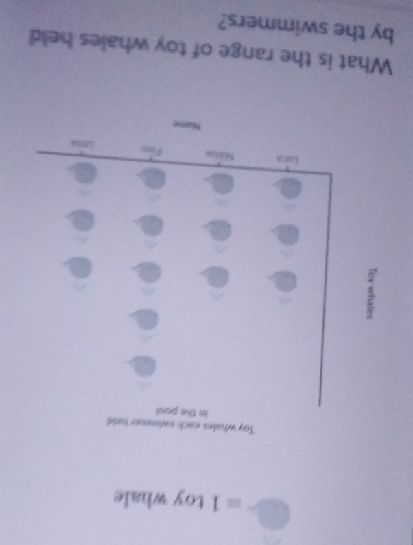 square =1toy whale 
What is the range of toy whales held 
by the swimmers?
