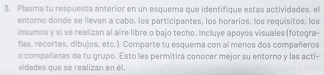 Plasma tu respuesta anterior en un esquema que identifique estas actividades, el 
entorno donde se llevan a cabo, los participantes, los horarios, los requisitos, los 
insumos y si se realizan al aire libre o bajo techo. Incluye apoyos visuales(fotogra- 
fías, recortes, dibujos, etc.). Comparte tu esquema con al menos dos compañeros 
o compañeras de tu grupo. Esto les permitirá conocer mejor su entorno y las acti- 
vidades que se realizan en él.