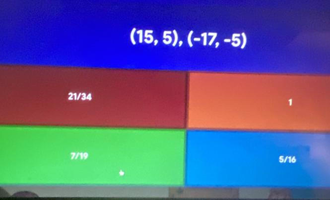 (15,5), (-17,-5)
21/34 1
7/19 5/16