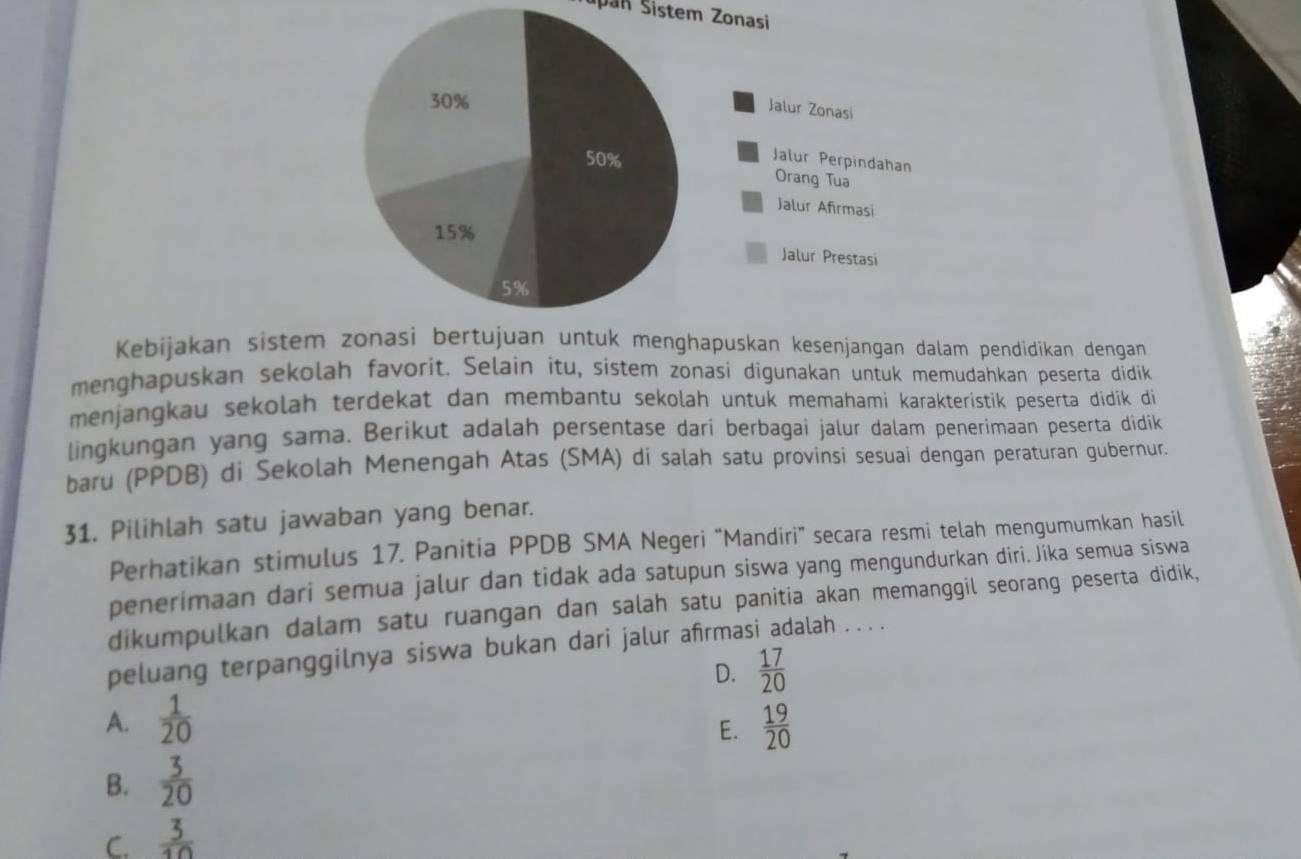 pan Sistem Zonasi
Kebijakan sistem menghapuskan kesenjangan dalam pendidikan dengan
menghapuskan sekolah favorit. Selain itu, sistem zonasi digunakan untuk memudahkan peserta didik
menjangkau sekolah terdekat dan membantu sekolah untuk memahami karakteristik peserta didik di 
lingkungan yang sama. Berikut adalah persentase dari berbagai jalur dalam penerimaan peserta didik
baru (PPDB) di Sekolah Menengah Atas (SMA) di salah satu provinsi sesuai dengan peraturan gubernur.
31. Pilihlah satu jawaban yang benar.
Perhatikan stimulus 17. Panitia PPDB SMA Negeri "Mandiri" secara resmi telah mengumumkan hasil
penerimaan dari semua jalur dan tidak ada satupun siswa yang mengundurkan diri.Jika semua siswa
dikumpulkan dalam satu ruangan dan salah satu panitia akan memanggil seorang peserta didik,
peluang terpanggilnya siswa bukan dari jalur afirmasi adalah . . . .
D.  17/20 
A.  1/20   19/20 
E.
B.  3/20 
C.  3/10 