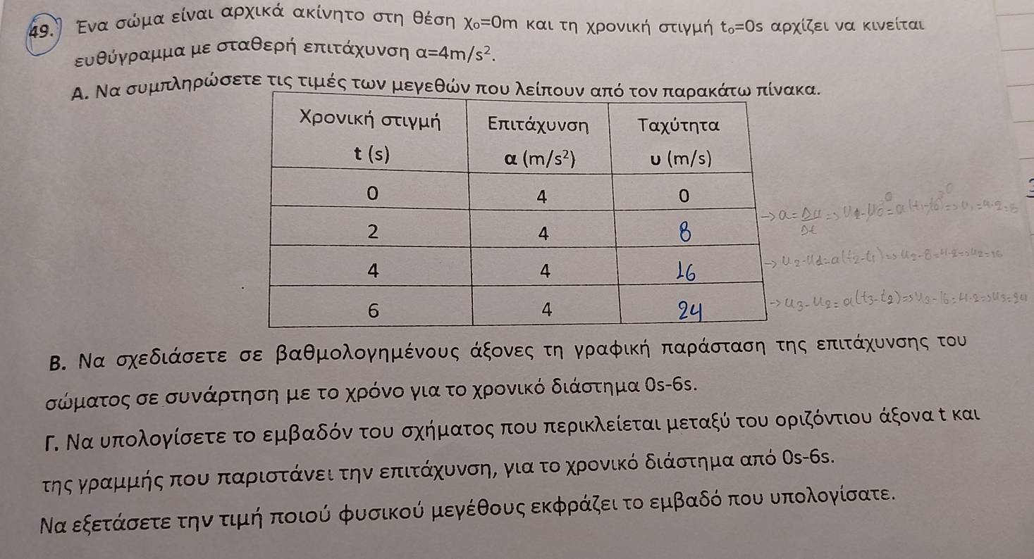 49.º Ενα σώμα είναι αρχικά ακίνητο στη θέση X_o=0m και τη χρονική στιγμή t_o=0s αρχίζει να κινείται
ευθύγραμμα με σταθερή επιτάχυνση alpha =4m/s^2.
Α. Να συμπληρώσετεατιςοτιμές των μεγεθών που λα.
Β. Να σχεδιάσετε σε βαθμολογημένους άξονεςοτη γραφική παράσταση της επιτάχυονσης του
σώματος σε συνάρτηση με το χρόνο για το χρονικό διάστημα Οs-6s.
Γ. Να υπολογίσετε το εμβαδόνα του σχήματος που περικλείεταιμεταξύ του οριζόντιου άξονα τ και
τηςα γραμμής που παριοτάνει τηνν επιτάχουνσης για το χρονικό διάστημα από Οs-6s.
Να εξετάσετε την τιμή ποιού φυσικού μεγέθους εκφράζει το εμβαδό που υπολογίσατε.