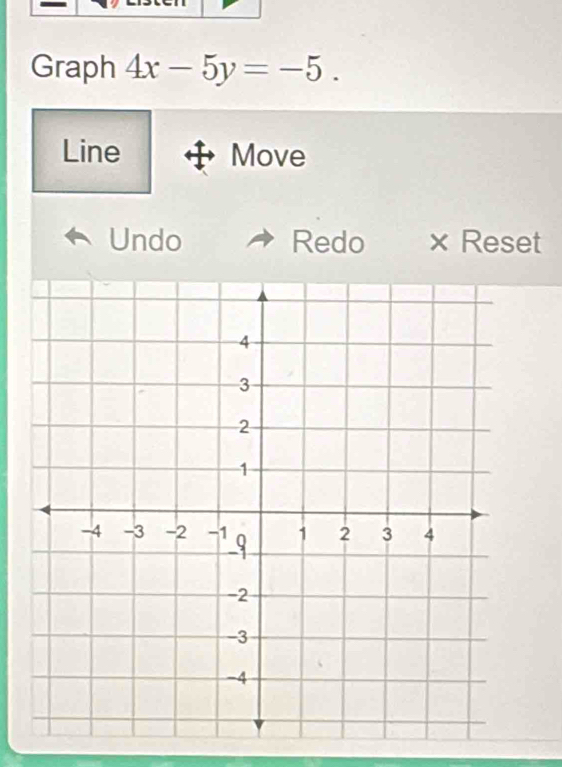 Graph 4x-5y=-5. 
Line Move 
Undo Redo × Reset