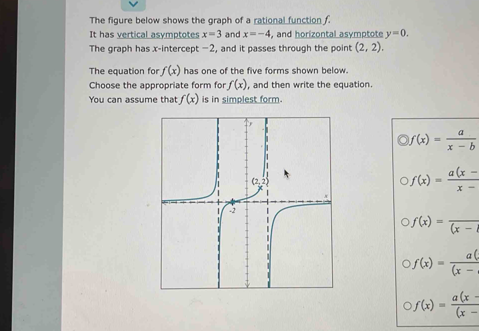 The figure below shows the graph of a rational function f.
It has vertical asymptotes x=3 and x=-4 , and horizontal asymptote y=0.
The graph has x-intercept −2, and it passes through the point (2,2).
The equation for f(x) has one of the five forms shown below.
Choose the appropriate form for f(x) , and then write the equation.
You can assume that f(x) is in simplest form.
f(x)= a/x-b 
f(x)= (a(x-)/x- 
f(x)=frac (x-1)
f(x)= a(x/(x- 
f(x)= (a(x-)/(x- 