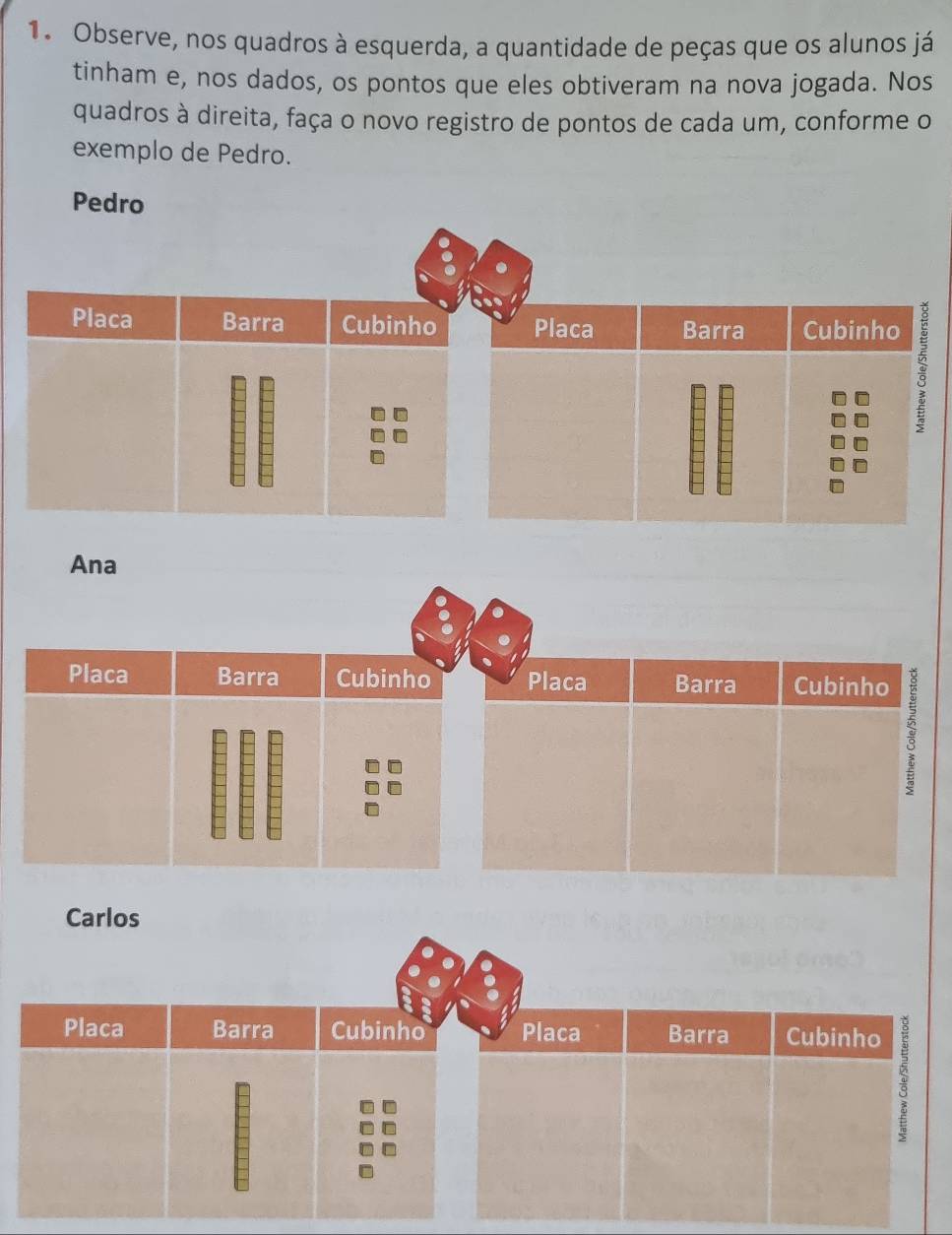 Observe, nos quadros à esquerda, a quantidade de peças que os alunos já 
tinham e, nos dados, os pontos que eles obtiveram na nova jogada. Nos 
quadros à direita, faça o novo registro de pontos de cada um, conforme o 
exemplo de Pedro. 
Pedro 
Ana 
Placa Barra Cubinho Placa Barra Cubinho 
Carlos