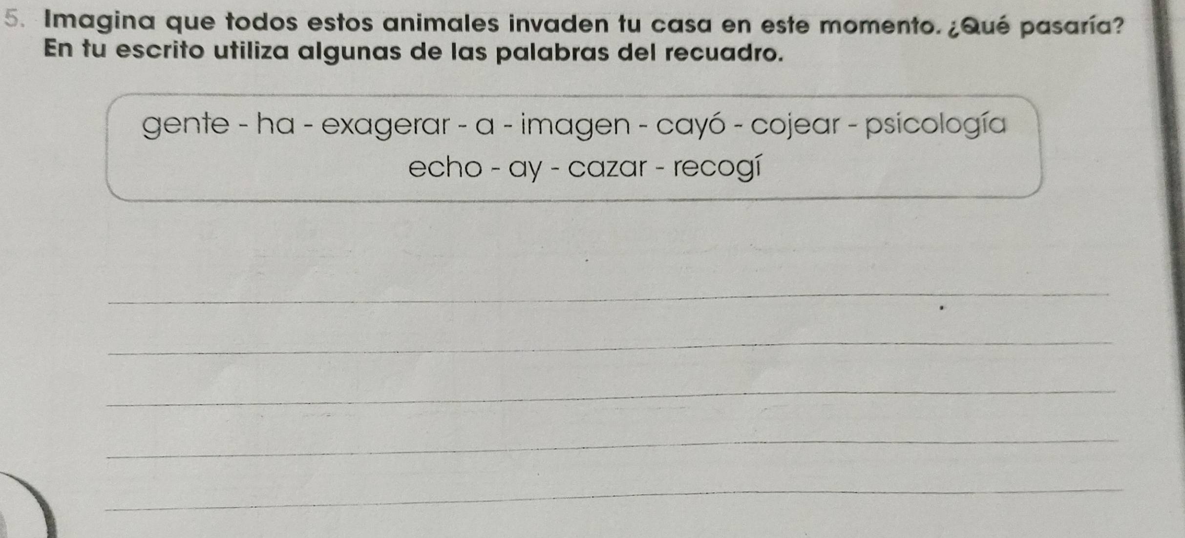 Imagina que todos estos animales invaden tu casa en este momento. ¿Qué pasaría? 
En tu escrito utiliza algunas de las palabras del recuadro. 
gente - ha - exagerar - a - imagen - cayó - cojear - psicología 
echo - ay - cazar - recogí 
_ 
_ 
_ 
_ 
_ 
_