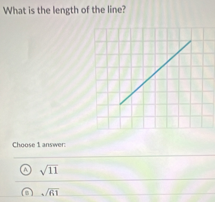 What is the length of the line?
Choose 1 answer:
sqrt(11)
sqrt(61)