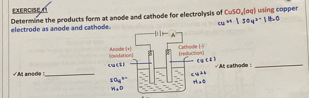 Determine the products form at anode and cathode for electrolysis of CuSO_4(aq) using copper 
electrode as anode and cathode. 
surd At anode :_At cathode : 
_