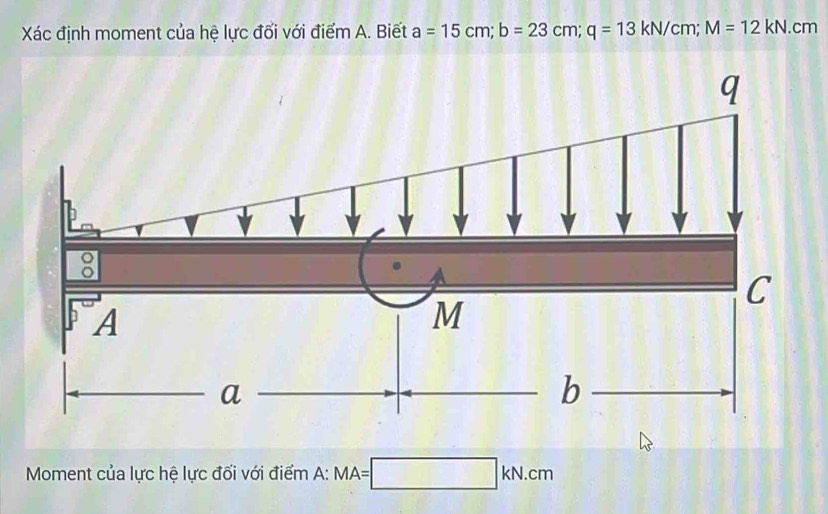 Xác định moment của hệ lực đối với điểm A. Biết a=15cm; b=23cm; q=13kN/cm; M=12kN.cm
Moment của lực hệ lực đối với điểm A: MA=□ KN.cm