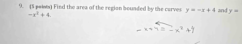 Find the area of the region bounded by the curves y=-x+4 and y=
-x^2+4.