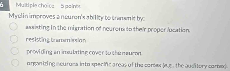 Myelin improves a neuron's ability to transmit by:
assisting in the migration of neurons to their proper location.
resisting transmission
providing an insulating cover to the neuron.
organizing neurons into specifc areas of the cortex (e.g.. the auditory cortex).